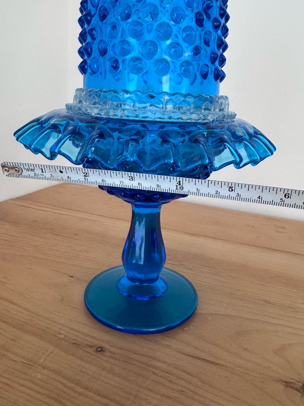 VINTAGE Antique Fenton Colonial Blue Hobnail 3 Piece Pedestal Fairy Lamp - Picture 12 of 12